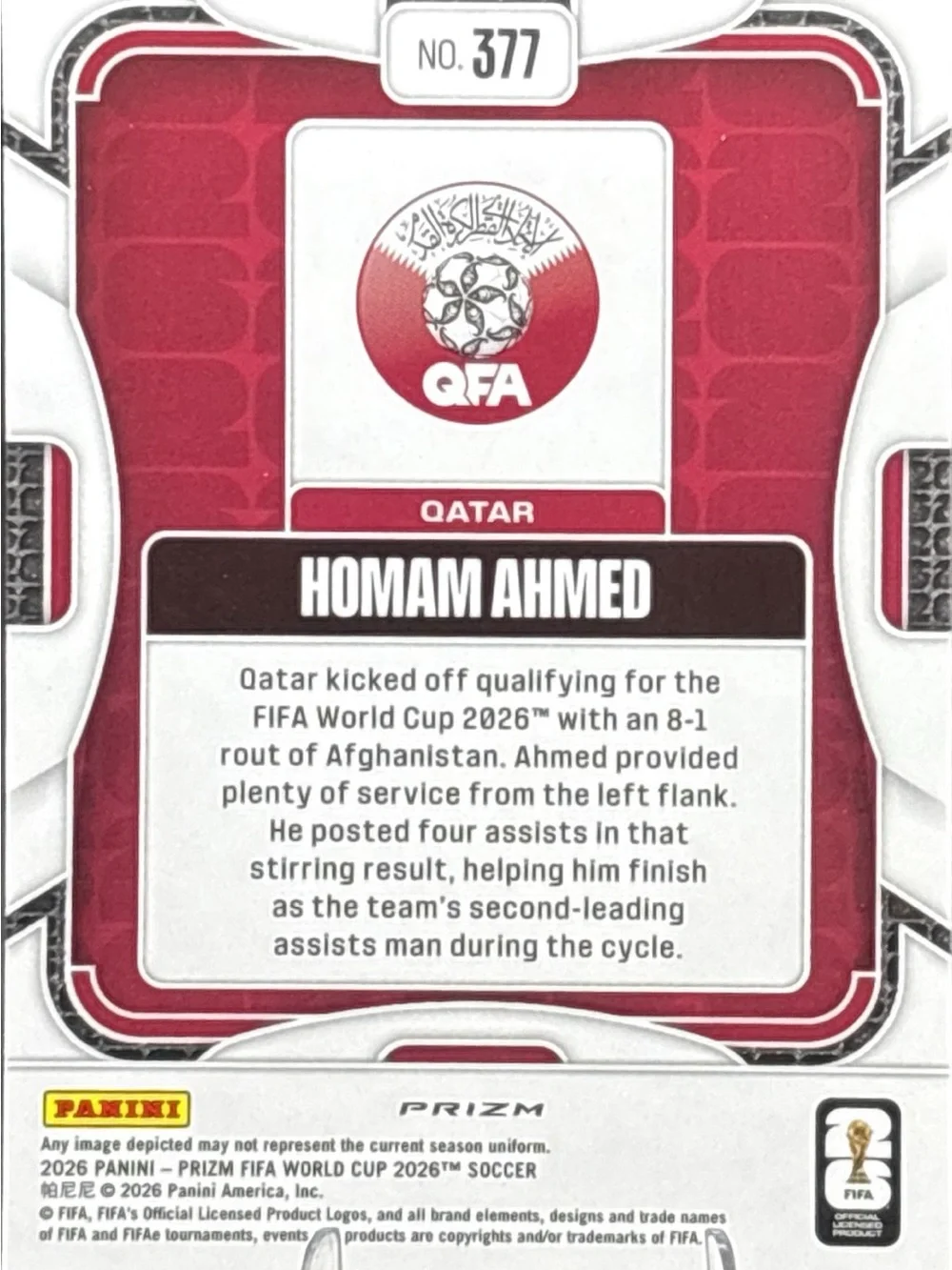 Panini Prizm Homam Ahmed Rookie Soccer Card - Silver Prizm
